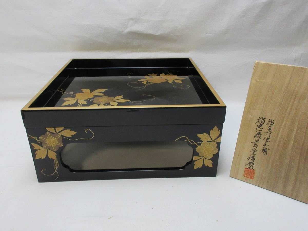 Amazon.co.jp: 茶道具 輪島塗 金彩花蒔絵 重台 四方盆 木製黒真